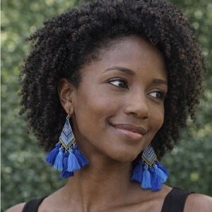 Pierced earrings blue triangle shape tassel fringe drop boho style